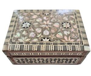 Vintage Wood & Mother of Pearl Inlaid Mosaic Box Trinket Jewelry Catchall Small